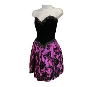 Vintage Gunne Sax Strapless Velvet Bodice Purple Flocked Bubble Mini Whimsigoth